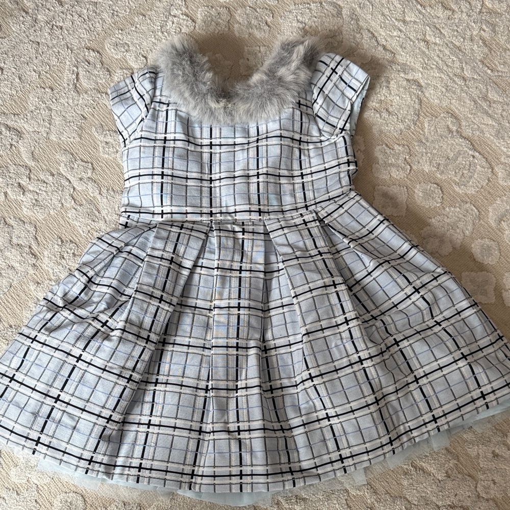 Janie and Jack Checkered Dress with Faux Fur Trim